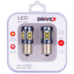 Світлодіоди в габаритні вогні. Підсвітку номера та салона DriveX Glow X1 S25(1) 12-24V 10W CAN 1200Lm 1156/P21W BA15S d-15mm к-т. DR-00003405 фото