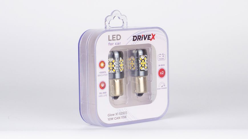 Світлодіоди в габаритні вогні. Підсвітку номера та салона DriveX Glow X1 S25(1) 12-24V 10W CAN 1200Lm 1156/P21W BA15S d-15mm к-т. DR-00003405 фото