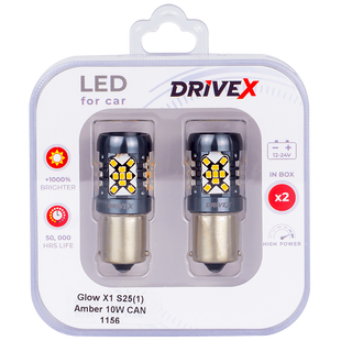 Світлодіоди в габаритні вогні. Підсвітку номера та салона DriveX Glow X1 S25(1) Amber 12-24V 10W CAN 1200Lm 1156/P21W BA15S d-15mm к-т. DR-00003406 фото