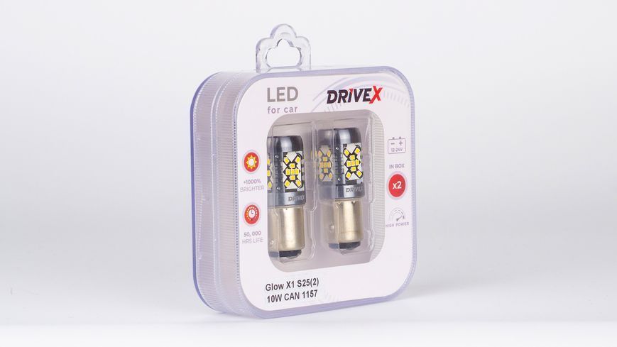 Світлодіоди в габаритні вогні. Підсвітку номера та салона DriveX Glow X1 S25(2) 12-24V 10W CAN 1200Lm 1157/P21/5W BAY15D d-15mm к-т. DR-00003407 фото