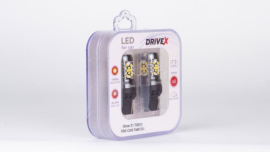 Світлодіоди в габаритні вогні. Підсвітку номера та салона DriveX Glow X1 T20(1) 12-24V 10W CAN 1200Lm 7440/W21W base-16mm EU к-т. DR-00003410 фото