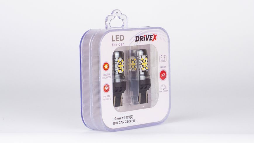 Світлодіоди в габаритні вогні. Підсвітку номера та салона DriveX Glow X1 T20(2) 12-24V 10W CAN 1200Lm 7443/W21/5W base-16mm EU к-т. DR-00003411 фото