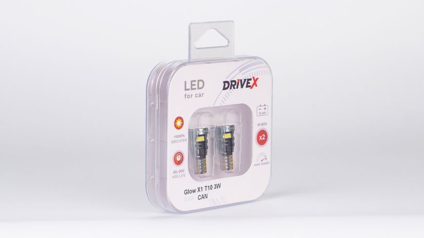 Світлодіоди в габаритні вогні. Підсвітку номера та салона DriveX Glow X1 T10 12-24V 3W CAN 400Lm W5W base-10mm к-т. DR-00003383 фото