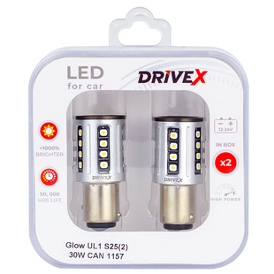 Світлодіоди в габаритні вогні. Підсвітку номера та салона DriveX Glow UL1 S25(2) 9-48V 30W CAN 2600Lm 1157/P21/5W BAY15D d-15mm к-т. DR-00003393 фото