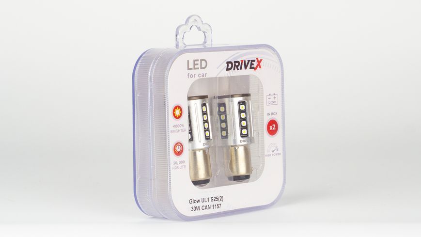 Світлодіоди в габаритні вогні. Підсвітку номера та салона DriveX Glow UL1 S25(2) 9-48V 30W CAN 2600Lm 1157/P21/5W BAY15D d-15mm к-т. DR-00003393 фото