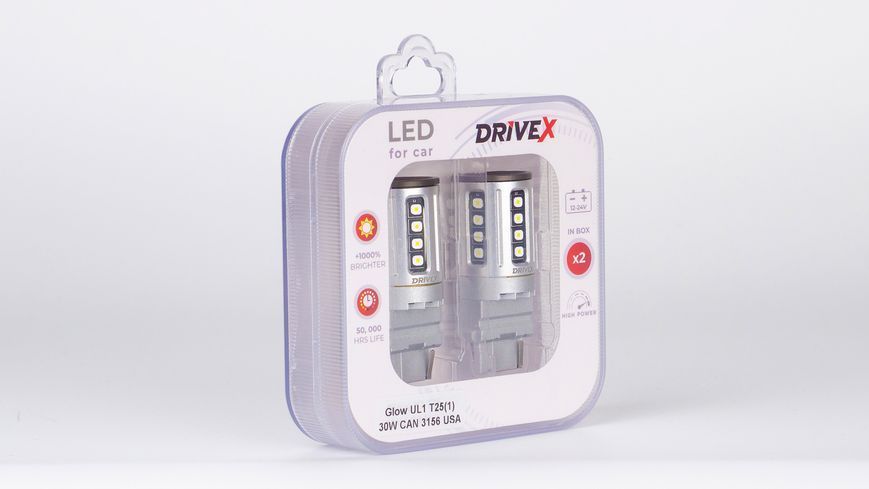 Світлодіоди в габаритні вогні. Підсвітку номера та салона DriveX Glow UL1 T25(1) 9-48V 30W CAN 2600Lm 3156/P27W base-16mm USA к-т. DR-00003394 фото
