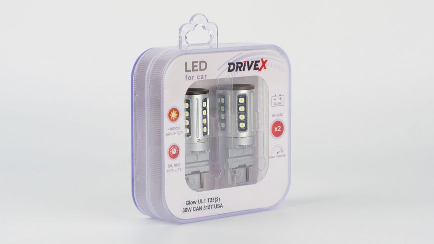 Світлодіоди в габаритні вогні. Підсвітку номера та салона DriveX Glow UL1 T25(2) 9-48V 30W CAN 2600Lm 3157/P27/7W base-16mm USA к-т. DR-00003395 фото