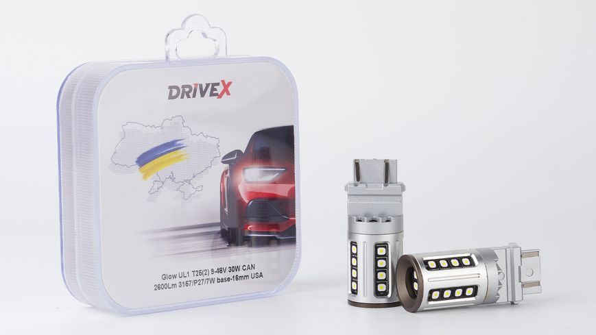 Світлодіоди в габаритні вогні. Підсвітку номера та салона DriveX Glow UL1 T25(2) 9-48V 30W CAN 2600Lm 3157/P27/7W base-16mm USA к-т. DR-00003395 фото