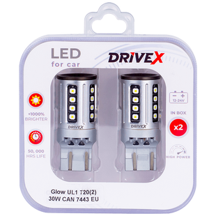 Світлодіоди в габаритні вогні. Підсвітку номера та салона DriveX Glow UL1 T20(2) 9-48V 30W CAN 2600Lm 7443/W21/5W base-16mm EU к-т. DR-00003397 фото