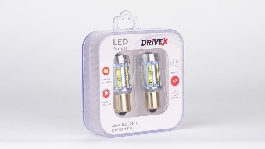 Світлодіоди в габаритні вогні. Підсвітку номера та салона DriveX Glow UL2 S25(1) 12V 15W CAN 2600Lm 1156/P21W BA15S d-15mm к-т. DR-00003398 фото