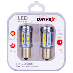 Світлодіоди в габаритні вогні. Підсвітку номера та салона DriveX Glow UL2 S25(1) Amber 12V 15W CAN 2600Lm 1156/P21W BA15S d-15mm к-т. DR-00003399 фото