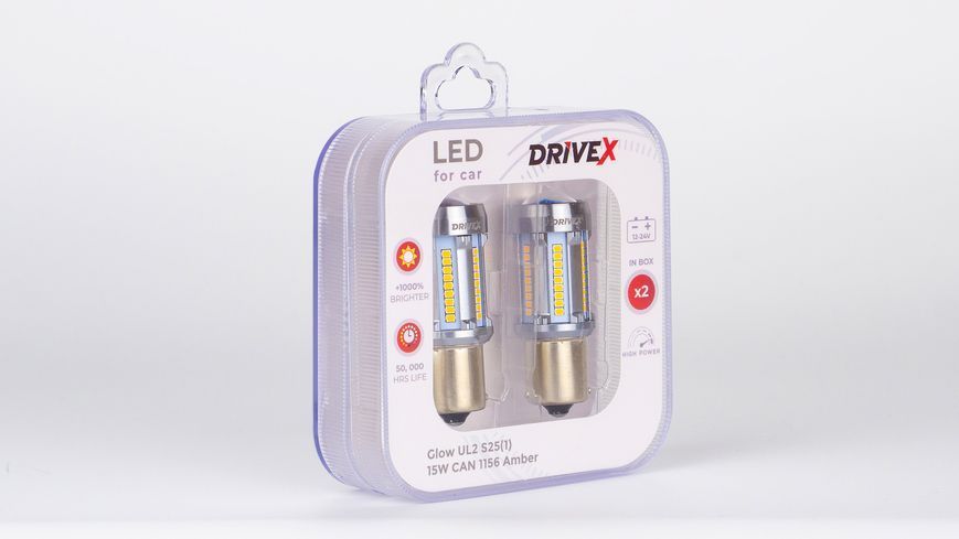 Світлодіоди в габаритні вогні. Підсвітку номера та салона DriveX Glow UL2 S25(1) Amber 12V 15W CAN 2600Lm 1156/P21W BA15S d-15mm к-т. DR-00003399 фото