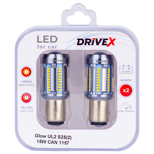 Світлодіоди в габаритні вогні. Підсвітку номера та салона DriveX Glow UL2 S25(2) 12V 15W CAN 2600Lm 1157/P21/5W BAY15D d-15mm к-т. DR-00003400 фото