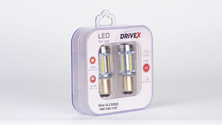 Світлодіоди в габаритні вогні. Підсвітку номера та салона DriveX Glow UL2 S25(2) 12V 15W CAN 2600Lm 1157/P21/5W BAY15D d-15mm к-т. DR-00003400 фото