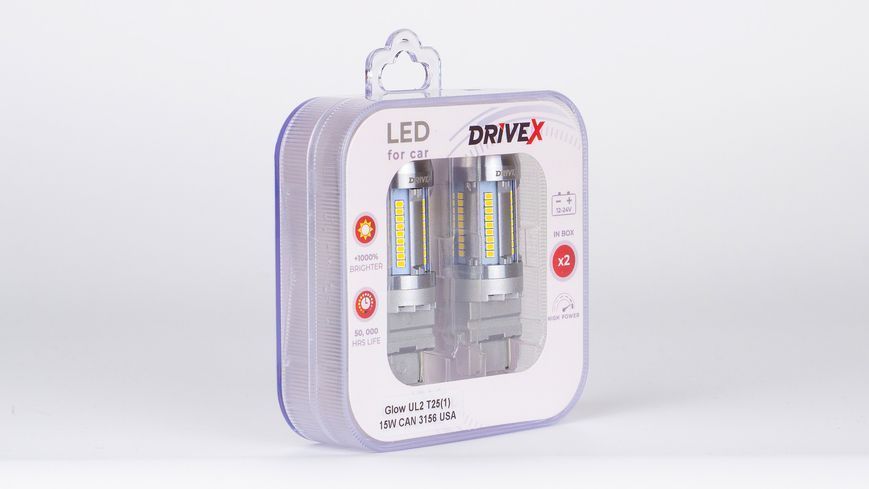 Світлодіоди в габаритні вогні. Підсвітку номера та салона DriveX Glow UL2 T25(1) 12V 15W CAN 2600Lm 3156/P27W base-16mm USA к-т. DR-00003401 фото