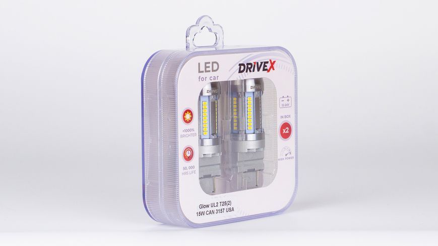 Світлодіоди в габаритні вогні. Підсвітку номера та салона DriveX Glow UL2 T25(2) 12V 15W CAN 2600Lm 3157/P27/7W base-16mm USA к-т. DR-00003402 фото
