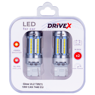 Світлодіоди в габаритні вогні. Підсвітку номера та салона DriveX Glow UL2 T20(1) 12V 15W CAN 2600Lm 7440/W21W base-16mm EU к-т. DR-00003403 фото