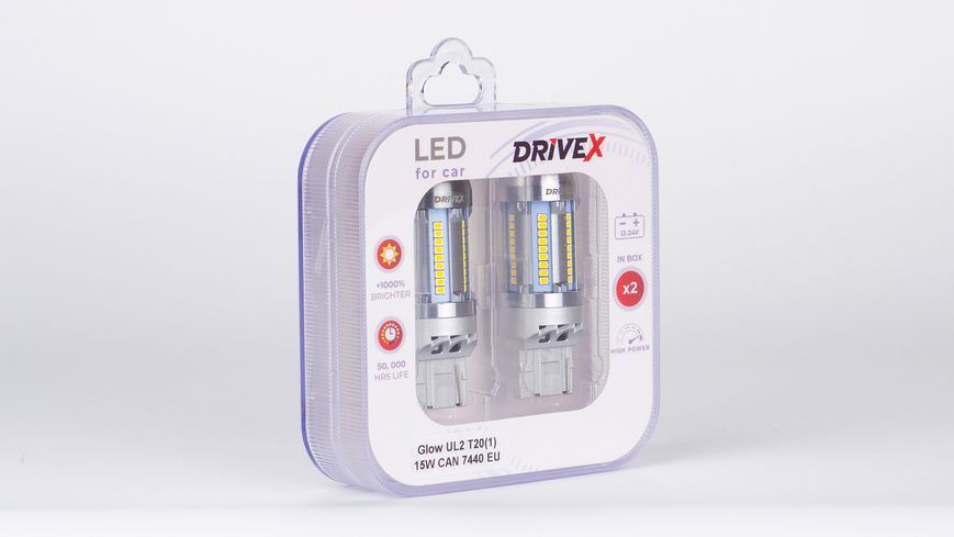 Світлодіоди в габаритні вогні. Підсвітку номера та салона DriveX Glow UL2 T20(1) 12V 15W CAN 2600Lm 7440/W21W base-16mm EU к-т. DR-00003403 фото