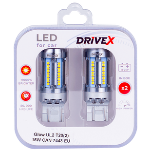 Світлодіоди в габаритні вогні. Підсвітку номера та салона DriveX Glow UL2 T20(2) 12V 15W CAN 2600Lm 7443/W21/5W base-16mm EU к-т. DR-00003404 фото