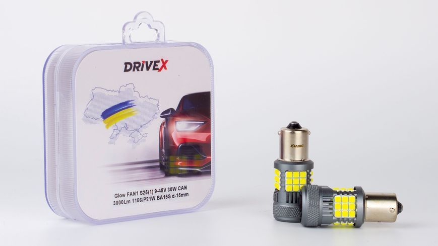 Світлодіоди в габаритні вогні. Підсвітку номера та салона DriveX Glow FAN1 S25(1) 9-48V 30W CAN 3000Lm 1156/P21W BA15S d-15mm к-т. DR-00003386 фото