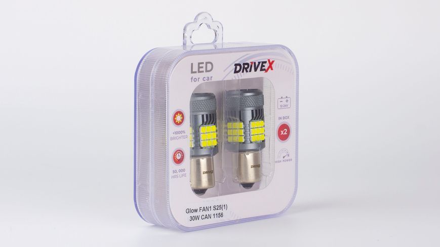 Світлодіоди в габаритні вогні. Підсвітку номера та салона DriveX Glow FAN1 S25(1) 9-48V 30W CAN 3000Lm 1156/P21W BA15S d-15mm к-т. DR-00003386 фото