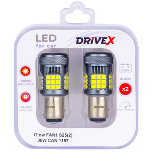 Світлодіоди в габаритні вогні. Підсвітку номера та салона DriveX Glow FAN1 S25(2) 9-48V 30W CAN 3000Lm 1157/P21/5W BAY15D d-15mm к-т. DR-00003387 фото