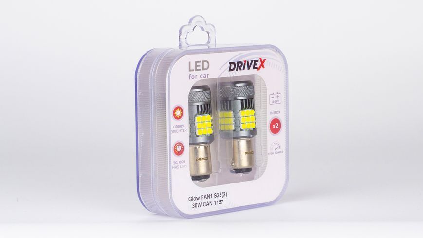 Світлодіоди в габаритні вогні. Підсвітку номера та салона DriveX Glow FAN1 S25(2) 9-48V 30W CAN 3000Lm 1157/P21/5W BAY15D d-15mm к-т. DR-00003387 фото
