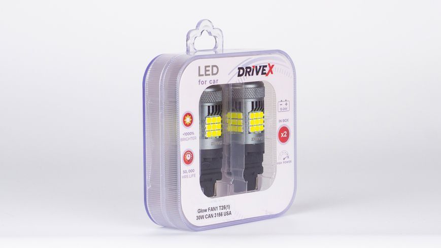 Світлодіоди в габаритні вогні. Підсвітку номера та салона DriveX Glow FAN1 T25(1) 9-48V 30W CAN 3000Lm 3156/P27W base-16mm USA к-т. DR-00003388 фото