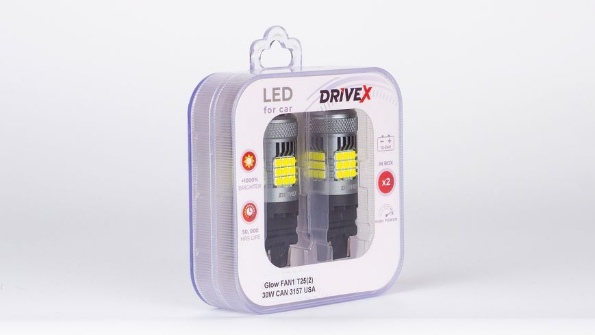 Світлодіоди в габаритні вогні. Підсвітку номера та салона DriveX Glow FAN1 T25(2) 9-48V 30W CAN 3000Lm 3157/P27/7W base-16mm USA к-т. DR-00003389 фото