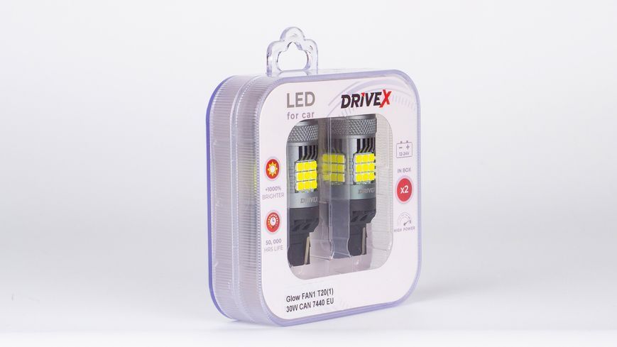 Світлодіоди в габаритні вогні. Підсвітку номера та салона DriveX Glow FAN1 T20(1) 9-48V 30W CAN 3000Lm 7440/W21W base-16mm EU к-т. DR-00003390 фото
