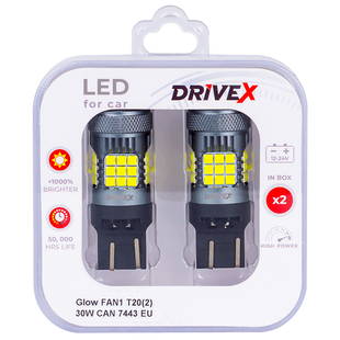 Світлодіоди в габаритні вогні. Підсвітку номера та салона DriveX Glow FAN1 T20(2) 9-48V 30W CAN 3000Lm 7443/W21/5W base-16mm EU к-т. DR-00003391 фото
